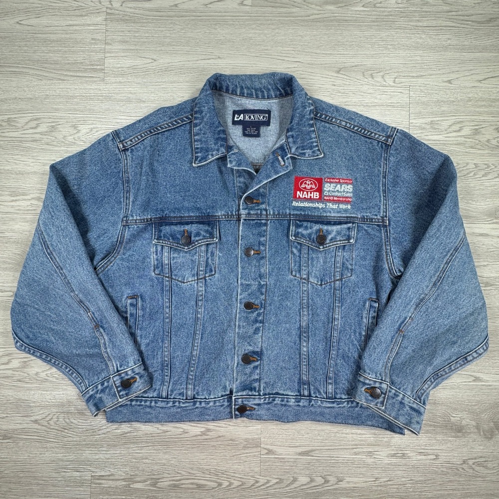 LA Loving Mens Denim Jacket Vintage Sears NAHB Blue Large‎ Trucker Jean